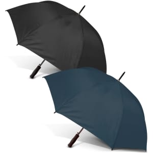 A set of two umbrellas in black and dark teal, both featuring a logo on the handle.