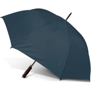 A dark teal umbrella with a wooden handle and a metal frame, featuring a logo on the canopy.