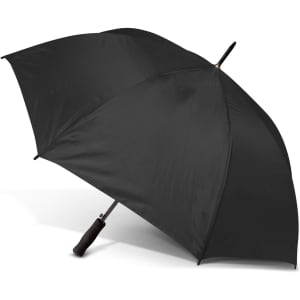 A black Pro-Am umbrella with a curved handle and a solid design, featuring a logo.