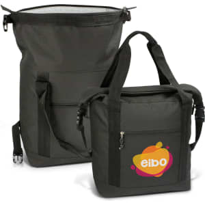 A roll top cooler bag in black with adjustable straps and a front pocket, featuring a logo on one side.