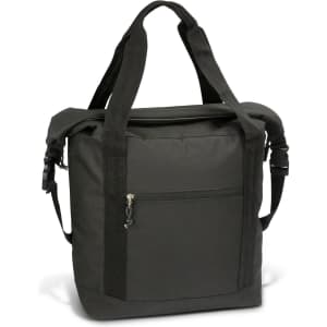 A roll top cooler bag in dark grey, featuring sturdy handles and a zippered front pocket. It includes a logo.