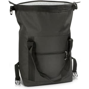 A black roll top cooler bag with shoulder straps and a front pocket. Features an interior liner for insulation.