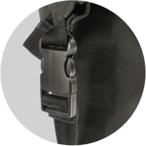 A black roll top cooler bag featuring a sturdy clip closure. The bag has a simple, sleek design.