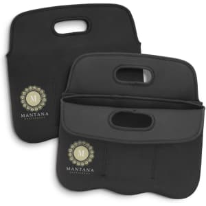 A black neoprene stubby cooler bag with dual handles and a printed logo, shown from two angles.