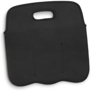 A black neoprene stubby cooler bag featuring a handle and stitched detailing. It has a smooth, flat surface.