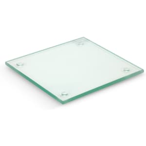 A square glass coaster with a frosted finish and rounded corners, featuring rubber feet on the underside.