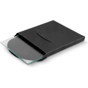 A square glass coaster in a sleek black packaging, showcasing its transparent glass design.