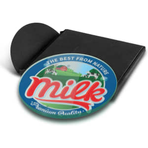 A round glass coaster in vibrant colours featuring a logo, placed on a black holder.