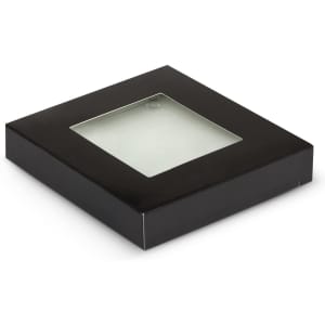A square black box containing a clear glass coaster set. The box has a transparent window.