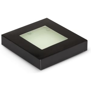 A black presentation box with a transparent window, designed to hold a set of round coasters.