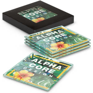 Square glass coasters in full colour featuring floral designs, neatly arranged in a black box with a logo.