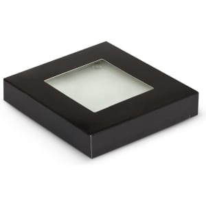A square black box with a transparent window, containing a glass coaster set.