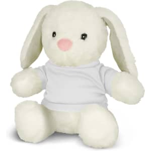 A white plush rabbit toy with long ears and a pink nose, wearing a plain white shirt.