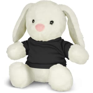 A white rabbit plush toy wearing a black shirt, featuring large ears and a pink nose.