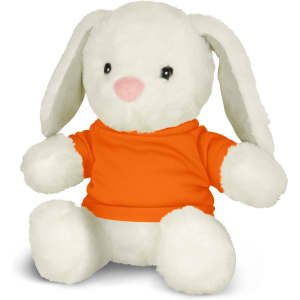 A white rabbit plush toy wearing an orange shirt, sitting with a soft, cuddly appearance. It has long ears and a cute face.