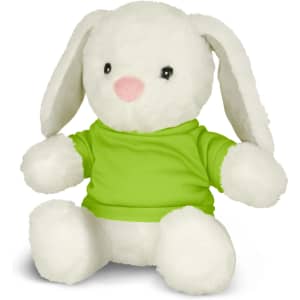 A white rabbit plush toy wearing a bright green shirt, seated with its arms outstretched. It has large black eyes and a pink nose.
