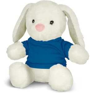 A plush rabbit toy in white with a blue shirt, featuring floppy ears and a pink nose.