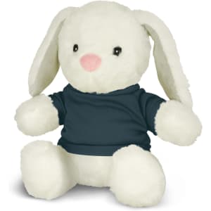 A soft plush rabbit toy with white fur and a teal sweater, featuring a pink nose and black eyes.
