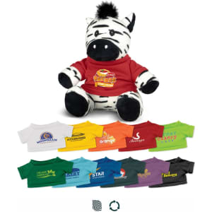 A zebra plush toy with a black and white striped design, wearing a red shirt, displayed alongside various colourful T-shirts.