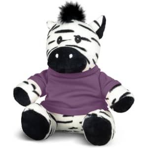 A plush zebra toy with black and white stripes and a purple sweater. It has a playful design and soft texture.