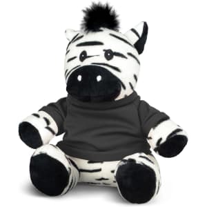 A plush zebra toy with black and white stripes, wearing a grey hoodie, featuring a tuft of black hair on its head.