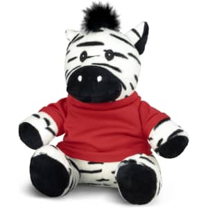 A soft zebra plush toy with black and white stripes, wearing a red sweatshirt. It has a playful expression and a fluffy mane.