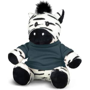 A plush zebra toy with black and white stripes, wearing a dark green top and featuring a fluffy mane.
