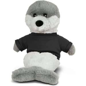 A plush seal toy in grey and white, wearing a black shirt, with a soft and fluffy texture. It has a small logo.