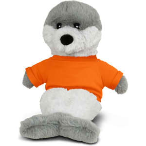 A plush seal toy in grey and white, wearing an orange shirt, with a soft, cuddly design.