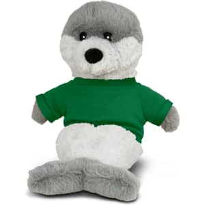 A plush seal toy with grey and white fur, wearing a green shirt, sitting upright. It has a sweet and friendly appearance.