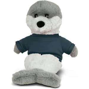A grey and white plush seal toy wearing a blue shirt, featuring a friendly expression and a soft texture.