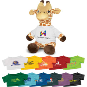 A plush giraffe toy wearing a white shirt with a logo, surrounded by colourful miniature shirts in various styles.