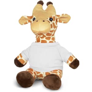 A plush giraffe toy with a yellow and brown colour scheme, wearing a white shirt. It has a playful expression.