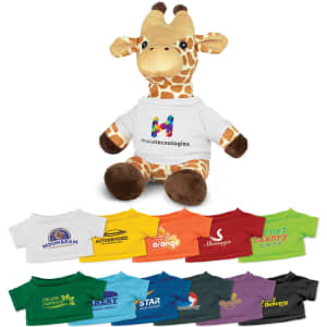 A giraffe plush toy in brown and yellow, wearing a white shirt featuring a logo, with various colourful shirts displayed below.