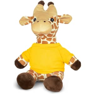 A plush giraffe toy with a yellow shirt, featuring brown and cream spots, sitting upright.