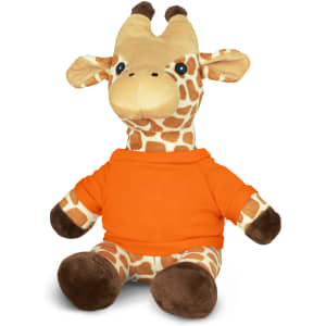 A giraffe plush toy with orange clothing, featuring brown and beige spots, sitting upright with a friendly expression.