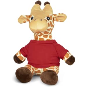 A plush giraffe toy in yellow and brown, wearing a red shirt, with a friendly expression and soft features.