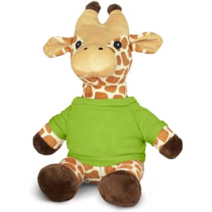 A plush giraffe toy with a patterned body and a green shirt, featuring large eyes and soft brown hooves.