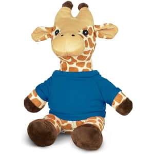 A soft giraffe plush toy with a patterned body and a blue shirt, featuring expressive eyes and a friendly face.