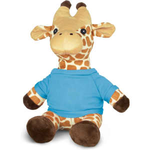 A plush giraffe toy with a tan body, brown spots, and a blue shirt, featuring a friendly expression and soft textures.