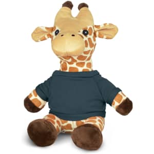 A giraffe plush toy with a spotted yellow and brown pattern, wearing a dark blue shirt, sitting upright.