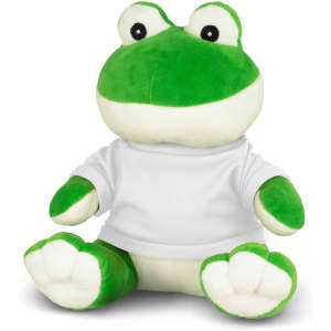 A green frog plush toy with a white shirt, sitting with its arms and legs outstretched.