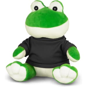 A green frog plush toy wearing a black shirt, featuring large eyes and a soft, huggable body.