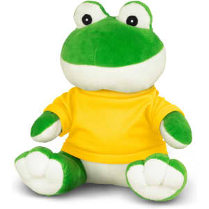 A green frog plush toy wearing a yellow shirt, with a smiling face and oversized eyes, sitting upright.
