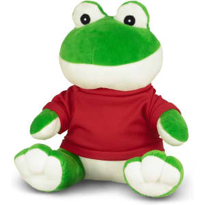 A green frog plush toy with a white belly and red shirt, featuring large eyes and a smiling expression.