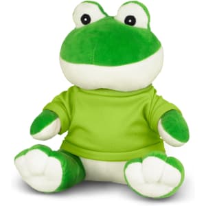 A green frog plush toy wearing a bright green shirt, sitting with its legs stretched out. It has a friendly expression and a logo.
