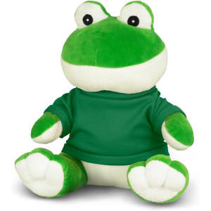A green frog plush toy wearing a green shirt, featuring a large head and friendly expression.