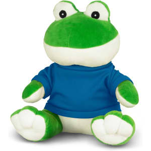 A green frog plush toy wearing a blue shirt, featuring big eyes and a friendly expression.