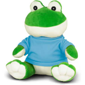A green frog plush toy wearing a blue shirt, featuring large eyes and a soft, friendly expression.