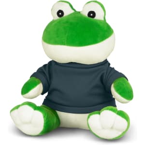 A green frog plush toy wearing a dark blue shirt, featuring a friendly expression and soft, cuddly limbs.